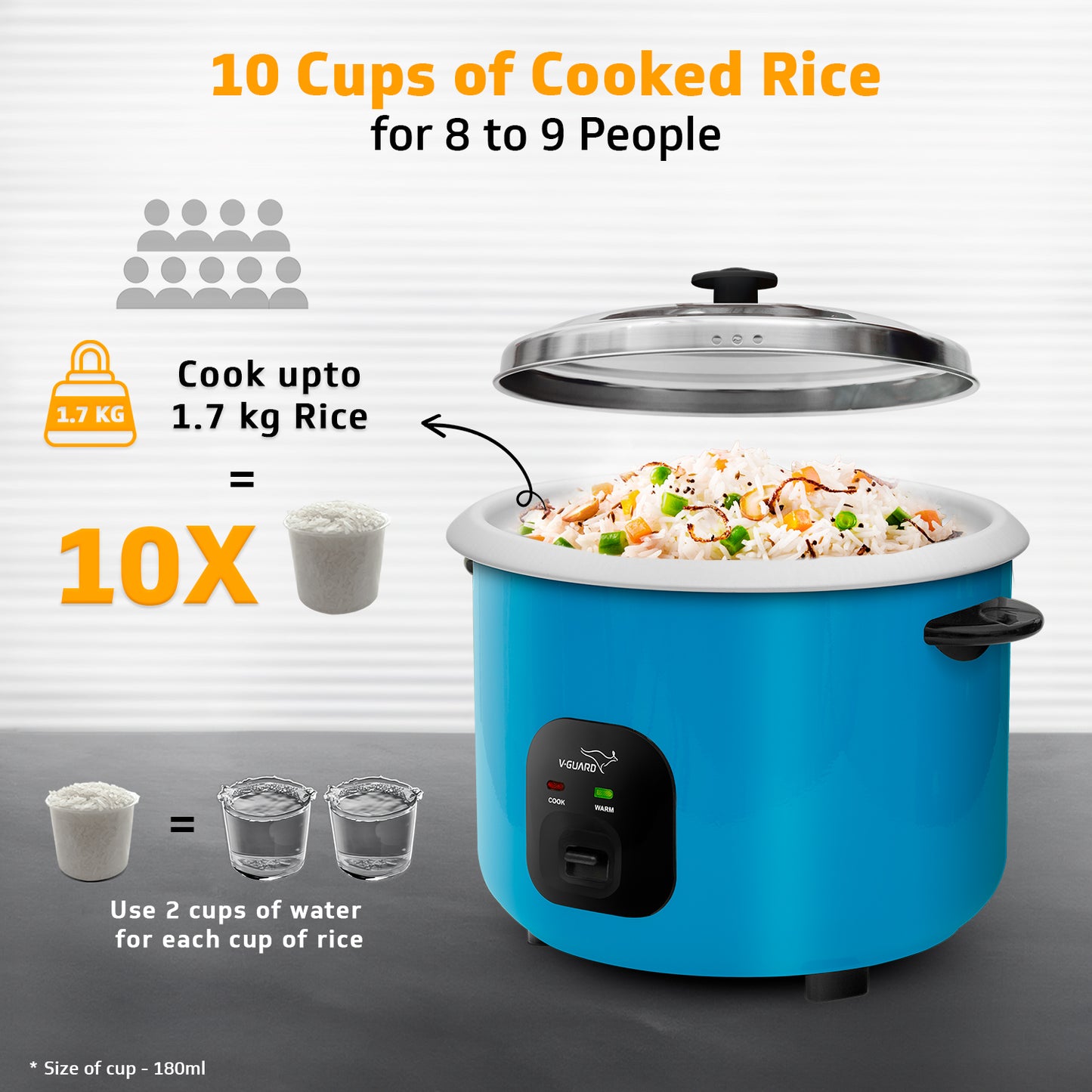 V-Guard VRC 2.8-Litre Electric Rice Cooker with 1000 W Power, 2 Pots, Spatula, Rice Separator | 2-Year Product & 5-Year Heating Plate Coverage by V-Guard | Automatic Cooking with Double-Layered Body & Cool Touch Handles