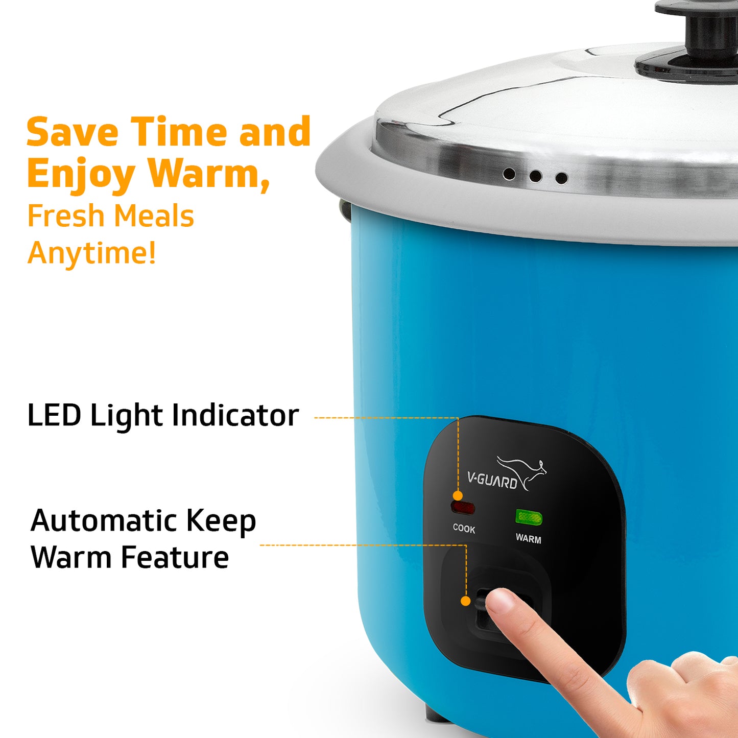 V-Guard VRC 2.8-Litre Electric Rice Cooker with 1000 W Power, 2 Pots, Spatula, Rice Separator | 2-Year Product & 5-Year Heating Plate Coverage by V-Guard | Automatic Cooking with Double-Layered Body & Cool Touch Handles
