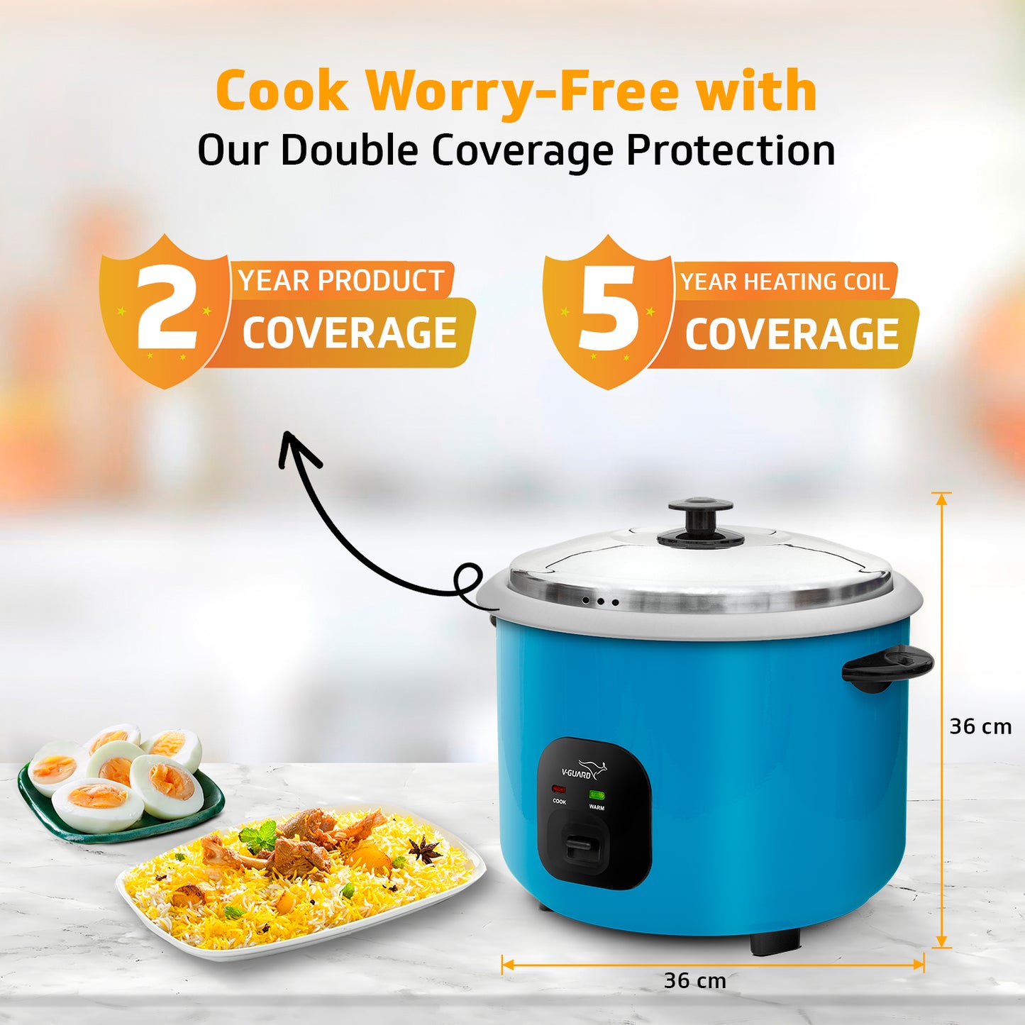 V-Guard VRC 2.8-Litre Electric Rice Cooker with 1000 W Power, 2 Pots, Spatula, Rice Separator | 2-Year Product & 5-Year Heating Plate Coverage by V-Guard | Automatic Cooking with Double-Layered Body & Cool Touch Handles