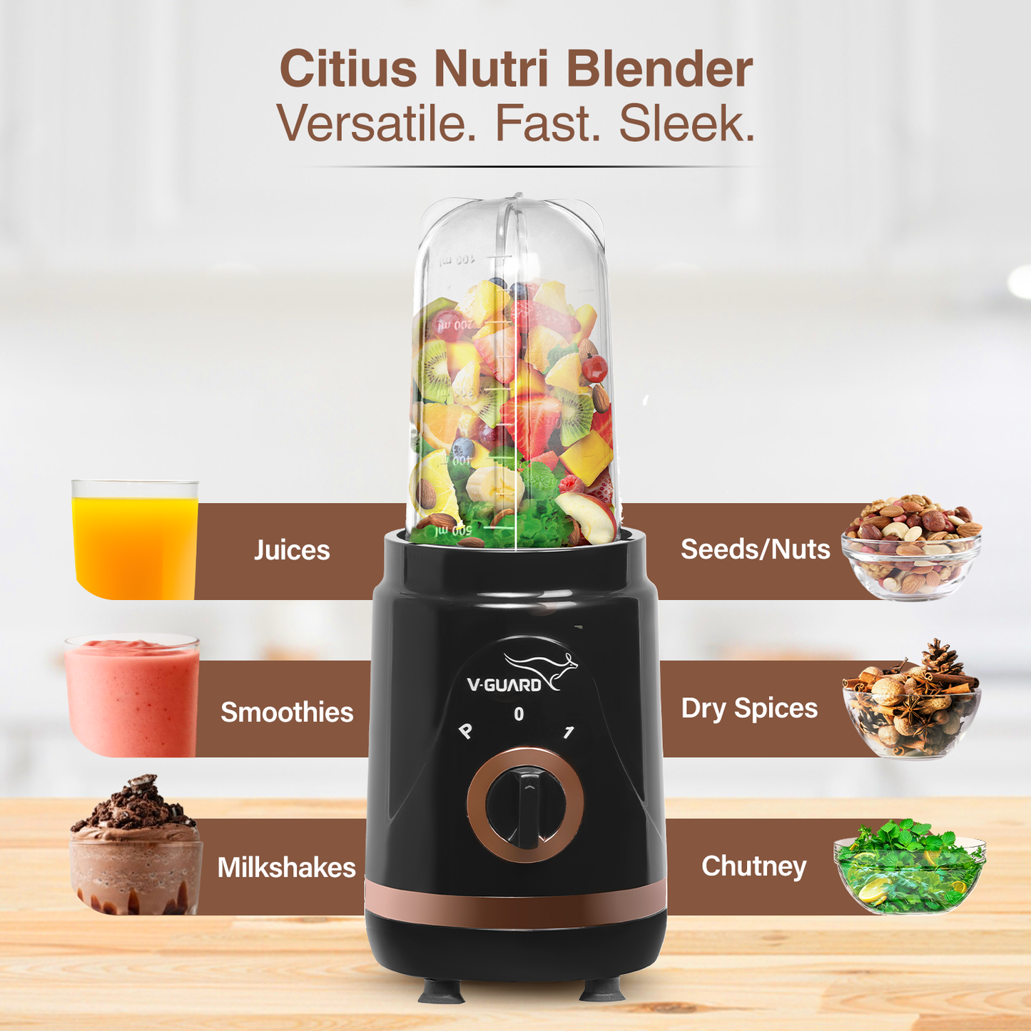 V-Guard Citius Nutri Blender | Bullet Mixer Grinder Juicer | 2 Leakproof Jars | 2 Years Product & Motor Coverage by V-Guard | 400 W Copper Motor | Up to 22,000 RPM | 1 Storage & 1 Sipper Lid