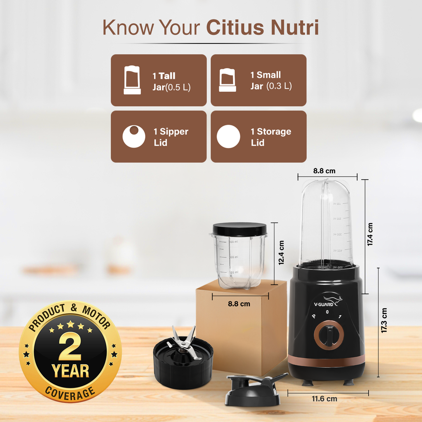 V-Guard Citius Nutri Blender | Bullet Mixer Grinder Juicer | 2 Leakproof Jars | 2 Years Product & Motor Coverage by V-Guard | 400 W Copper Motor | Up to 22,000 RPM | 1 Storage & 1 Sipper Lid