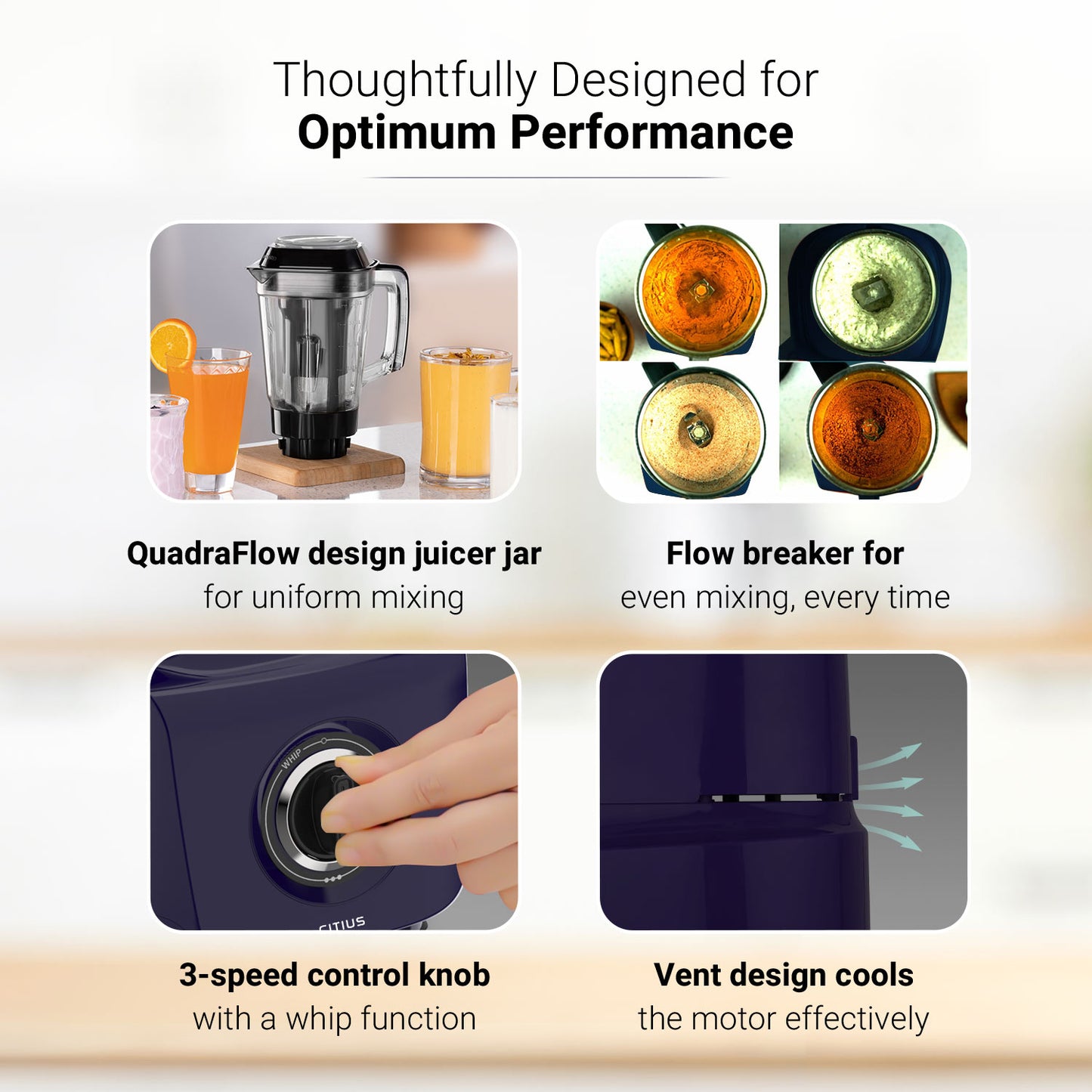 Citius 750 Watt Juicer Mixer Grinder, 3 Year Motor Warranty, 4 Jars(Chutney, Dry, Wet & Juicer), Sturdy Juicer Jar with QuadraFlow Design (Blue)