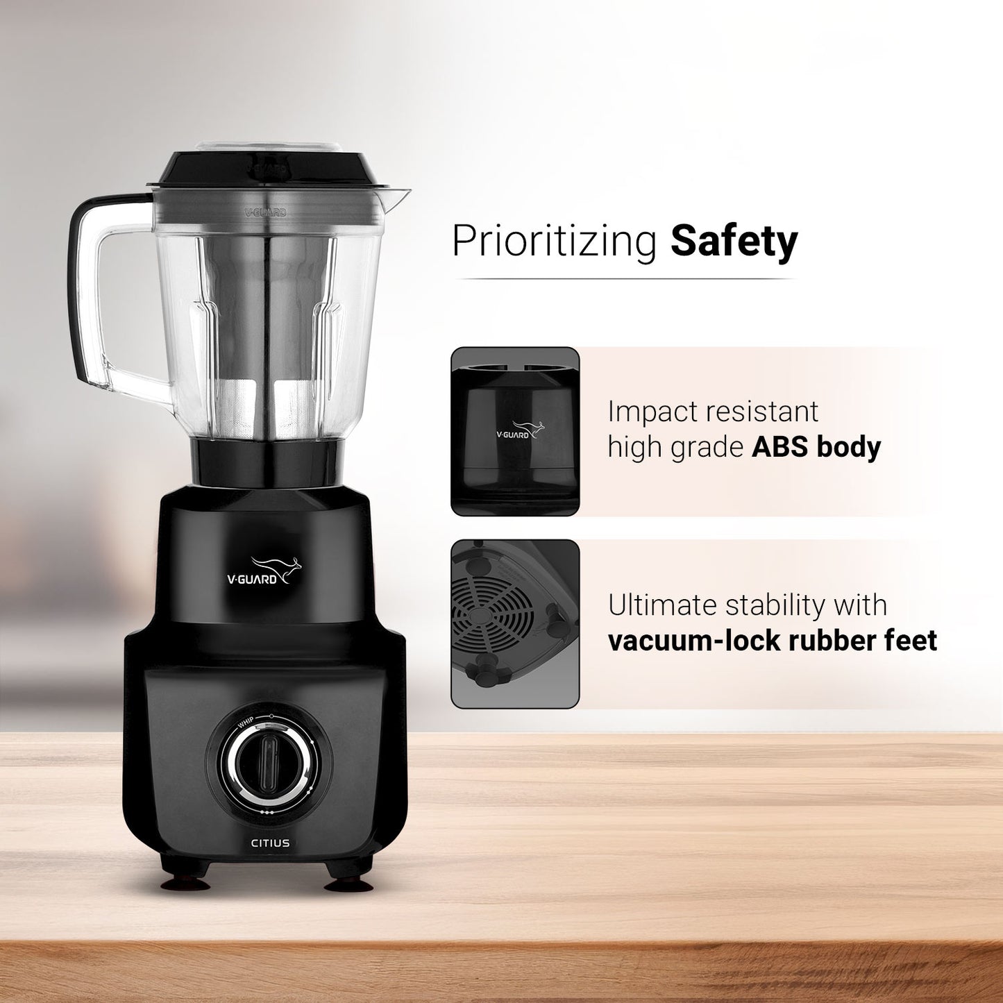 V-Guard Citius 750-Watt Juicer Mixer Grinder | 3 Year Motor Coverage by V-Guard | 4 Jars | Juicer, Wet, Chutney & Dry | Sturdy Juicer Jar | Precision Blend SS Blades | Black