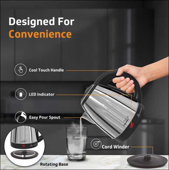 VKS15 Electric Kettle for hot water | 1.5 Litre 1500 watt, Stainless Steel Hot water kettle | Power Indicator | Auto cut-off