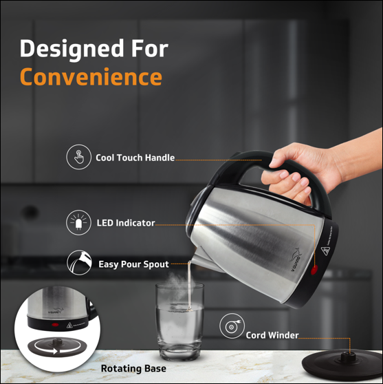 VKS17 Electric Kettle for hot water | 1.7 Litre 1500 W | Stainless Steel Hot water kettle | Auto cut-off | Power Indicator |