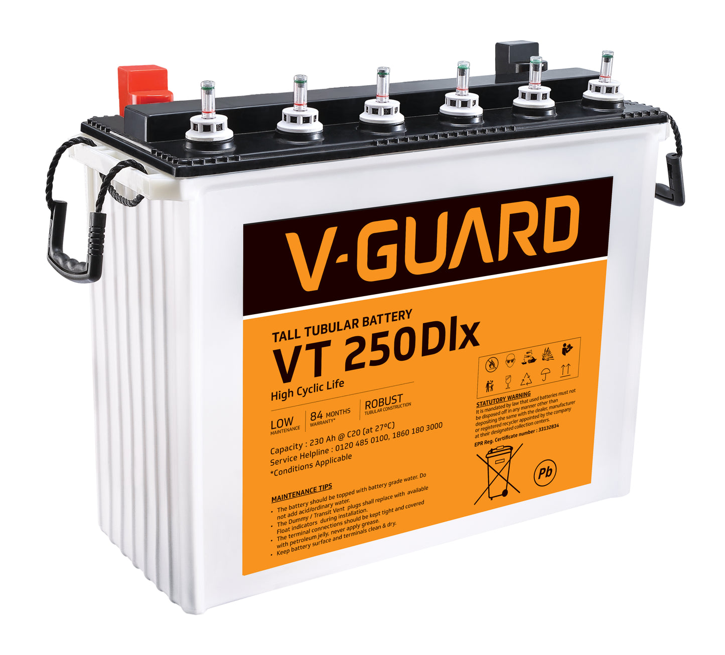 V-Guard VT 250 DLX Inverter Battery | Tubular Technology | High Backup Performance | 230Ah Capacity | 48 + 36 Month Warranty