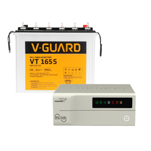 V-Guard Inverter & Battery Combo - Prime 1150 MiLi Pure Sine Wave 1000VA/ 12V Inverter, VT 165S (154Ah Tall Tubular Battery) for Home, Office & Shops