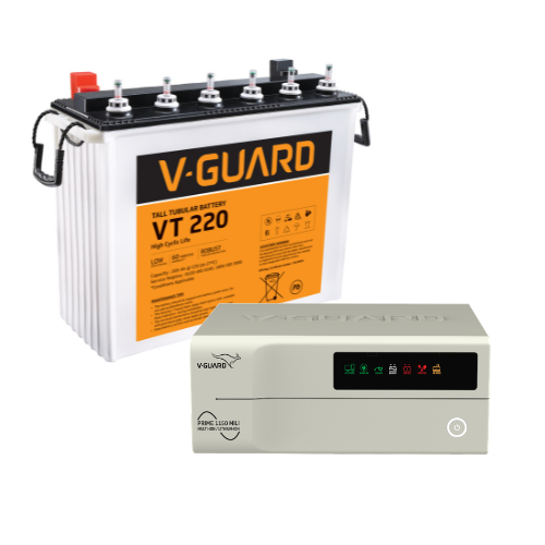 V-Guard Inverter & Battery Combo - Prime 1150 MiLi Pure Sine Wave 1000VA/ 12V Inverter, VT 220 (205Ah Tall Tubular Battery) for Home, Office & Shops