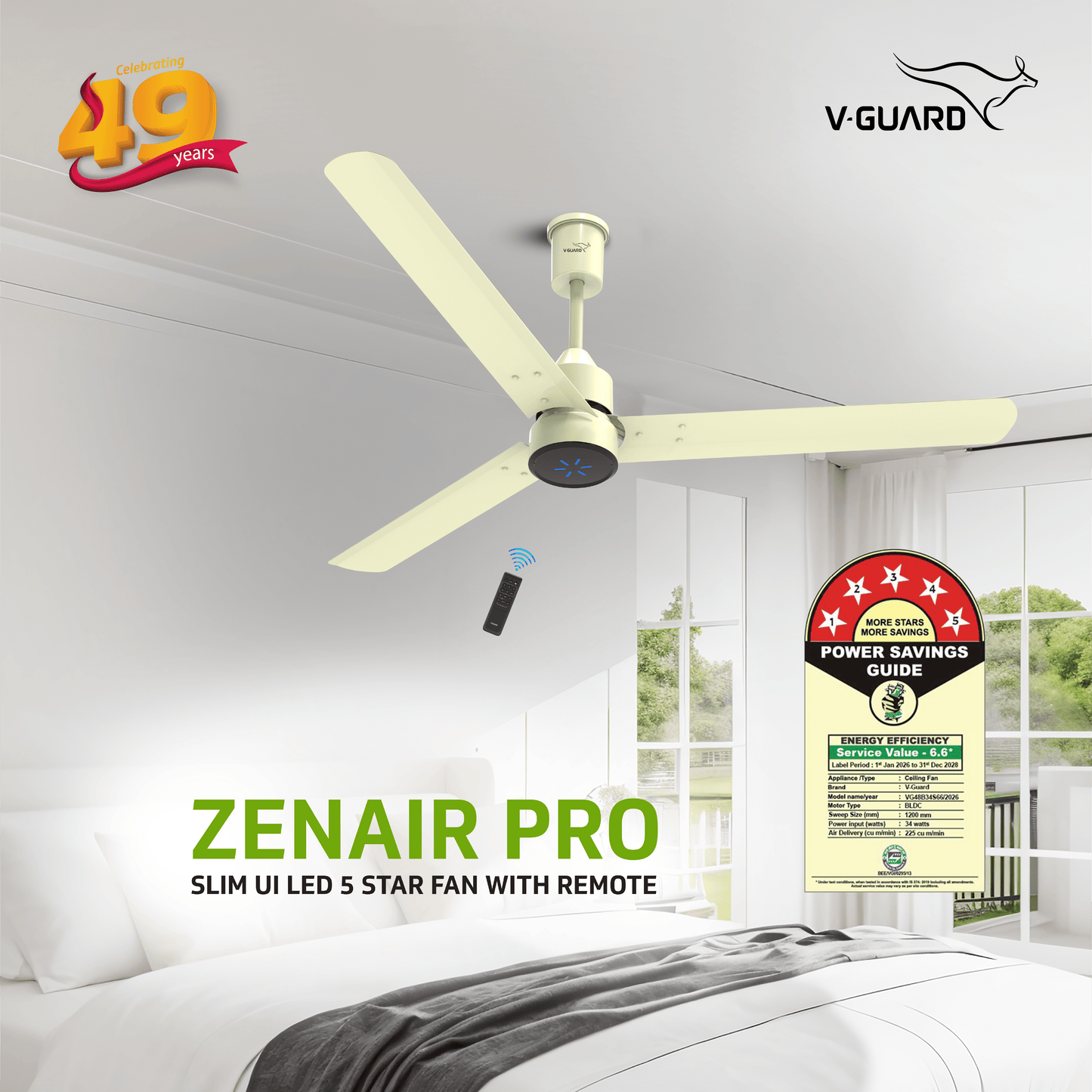 V-Guard Zenair Pro BLDC Ceiling Fan 1200 mm | BEE 5-Star Energy Saving | High-Speed BLDC Motor (370 RPM) | Remote Control with 6 Speeds, Wind & Reverse Modes | Low Noise |UI LED speed indicator|2-Year Warranty | Ivory