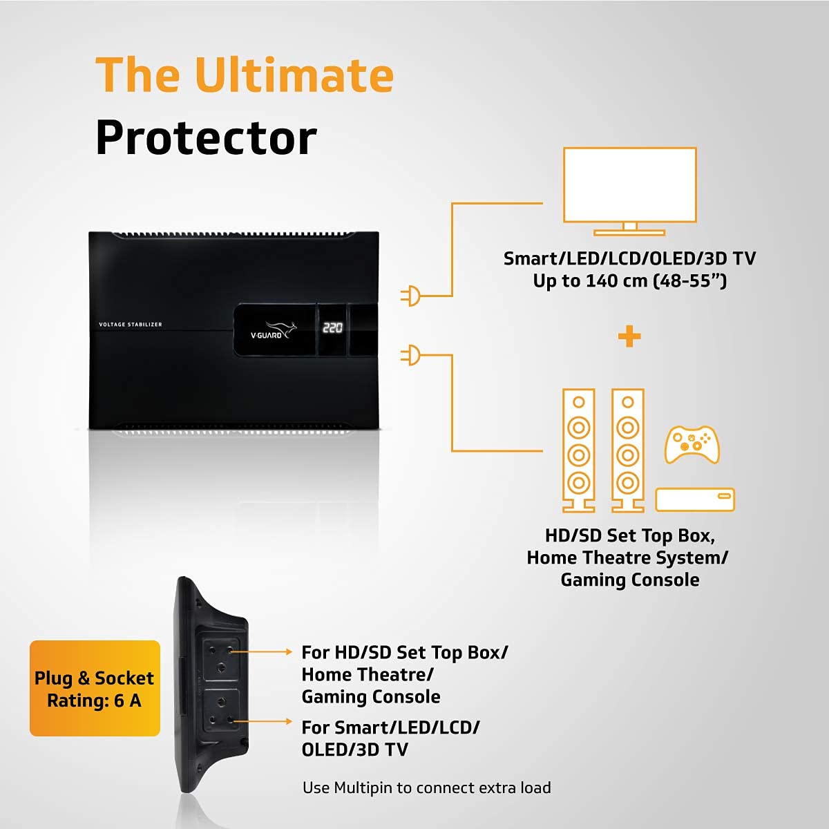 V-Guard Voltino Max Digi TV Stabilizer | Applicable for Smart TVs up to 140 cm (55)+Set Top Box,Home Theatre/Gaming Console | 3 Ampere Capacity | Seven Segment Digital Display | Black