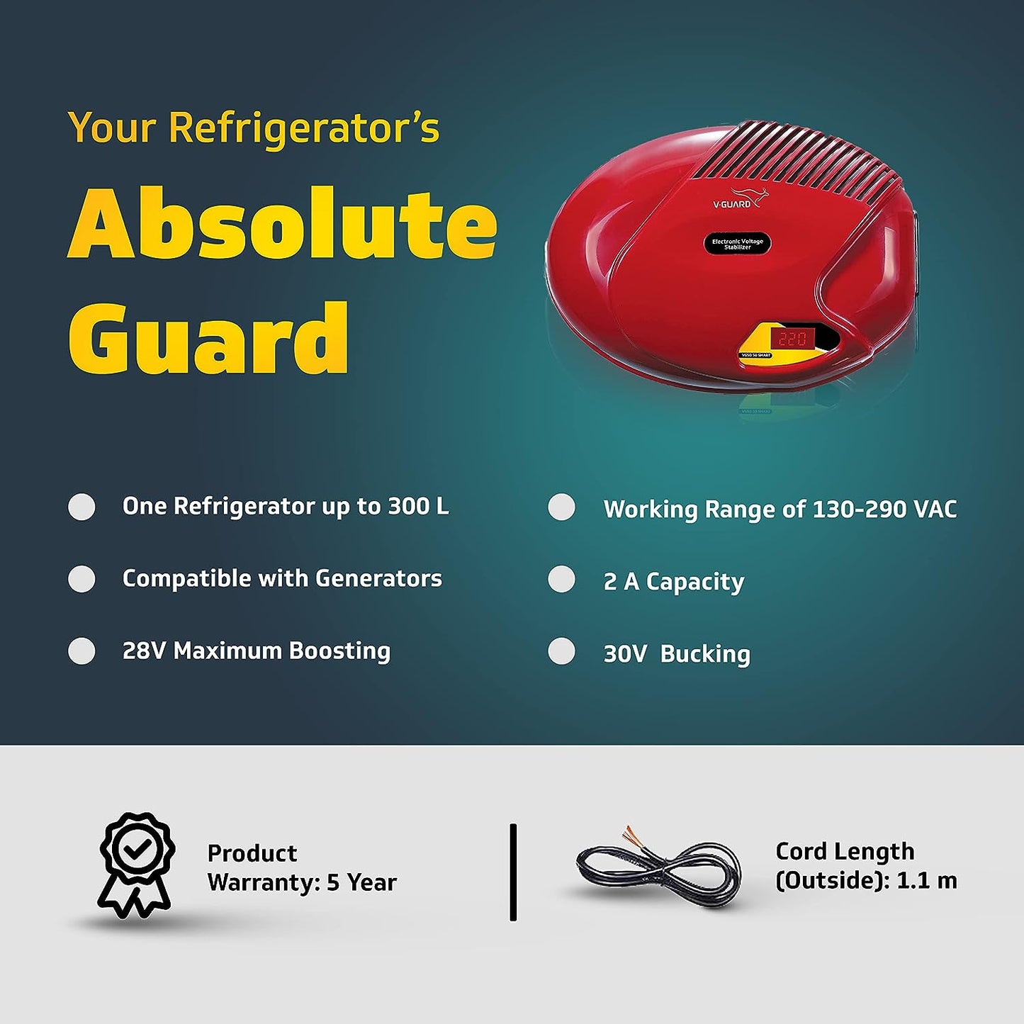 VGSD 50 Smart Stabilizer for Refrigerators up to 300 L Digital Display (Working Range: 130-290V)