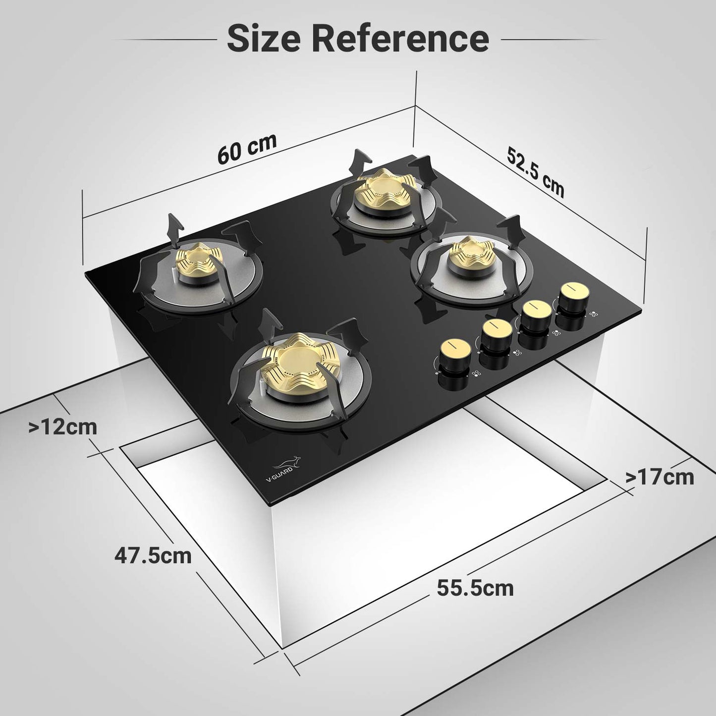 VHD 460 AGR Kitchen Gas Hobtop 4 Burner with Auto Ignition/Brass Burners/Heat Resistant Toughened Black Glass/Matt-finish Pan Support
