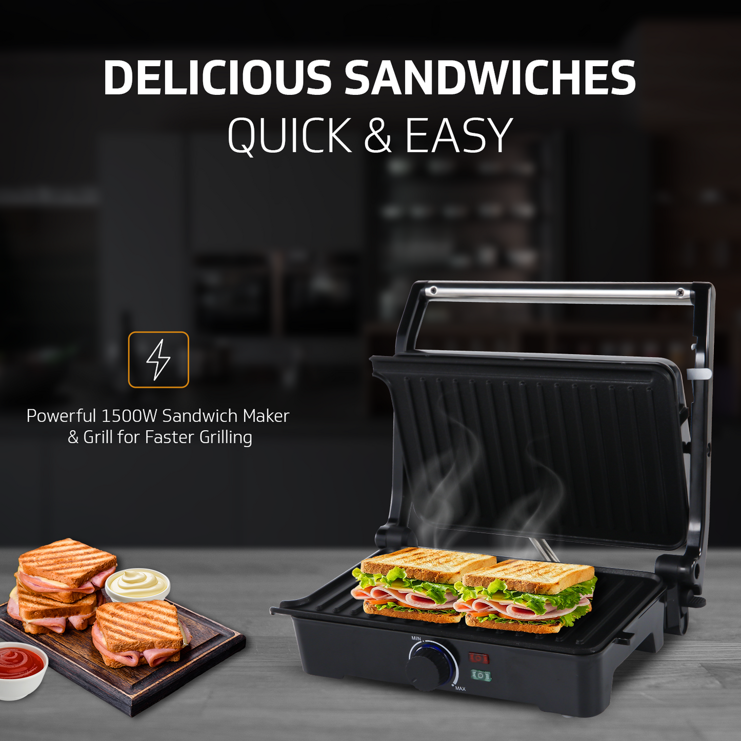 Grillking Plus 2 Slice 1500 Watt Multipurpose Grill Sandwich Maker | Healthy - Outlet for Excess Oil Removal | Easy to Clean Non-Stick Teflon Coating | 180 Degree Flat Grill | 1 Year Warranty