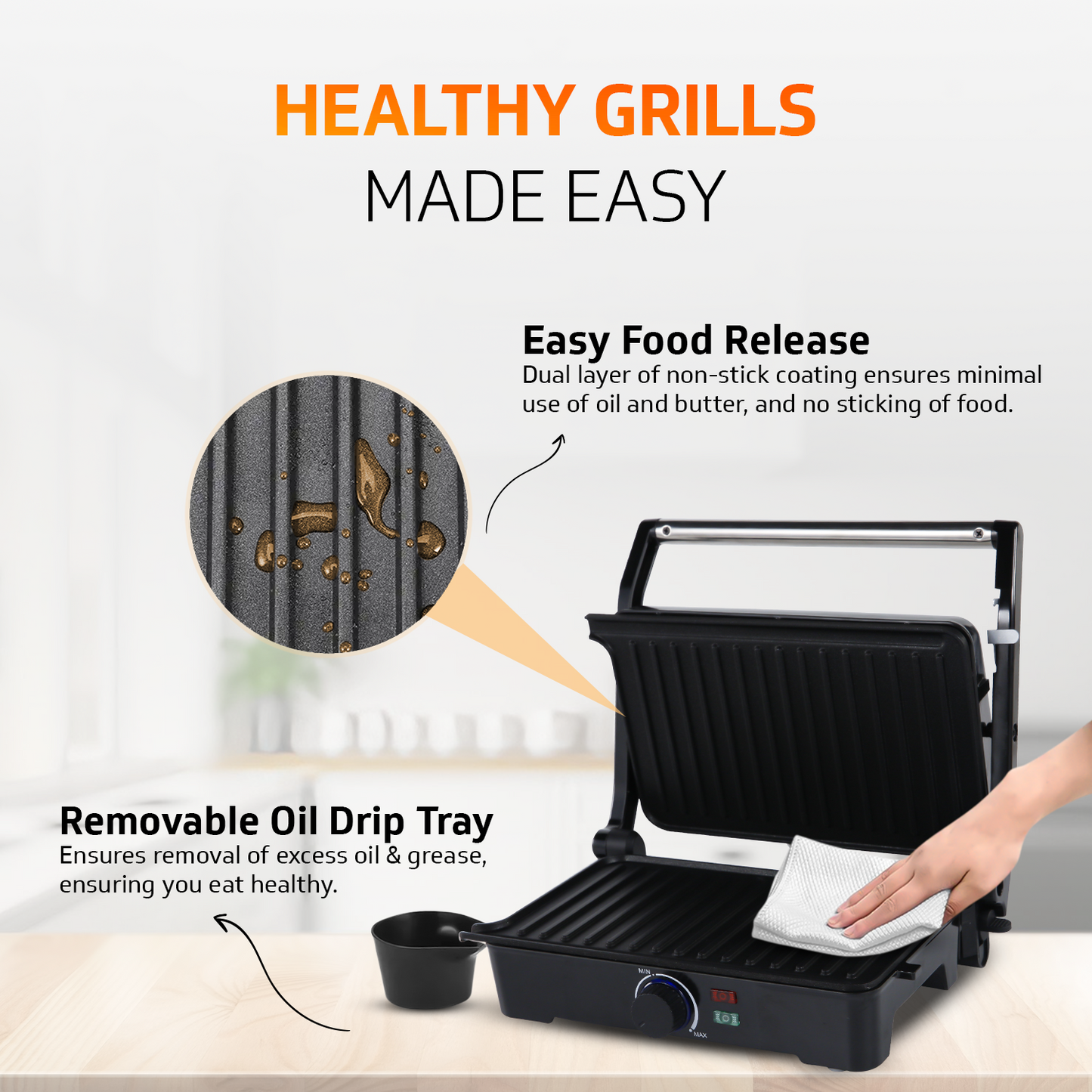 Grillking Plus 2 Slice 1500 Watt Multipurpose Grill Sandwich Maker | Healthy - Outlet for Excess Oil Removal | Easy to Clean Non-Stick Teflon Coating | 180 Degree Flat Grill | 1 Year Warranty
