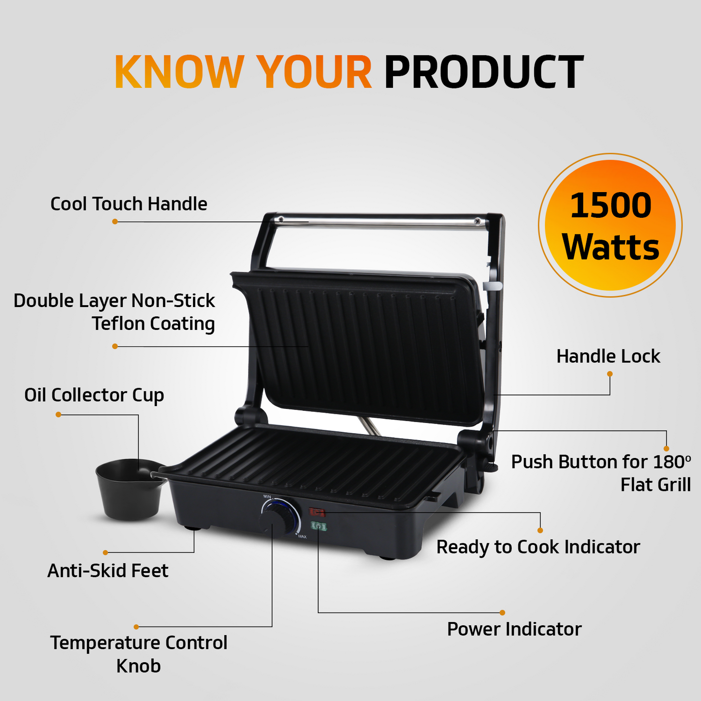 Grillking Plus 2 Slice 1500 Watt Multipurpose Grill Sandwich Maker | Healthy - Outlet for Excess Oil Removal | Easy to Clean Non-Stick Teflon Coating | 180 Degree Flat Grill | 1 Year Warranty
