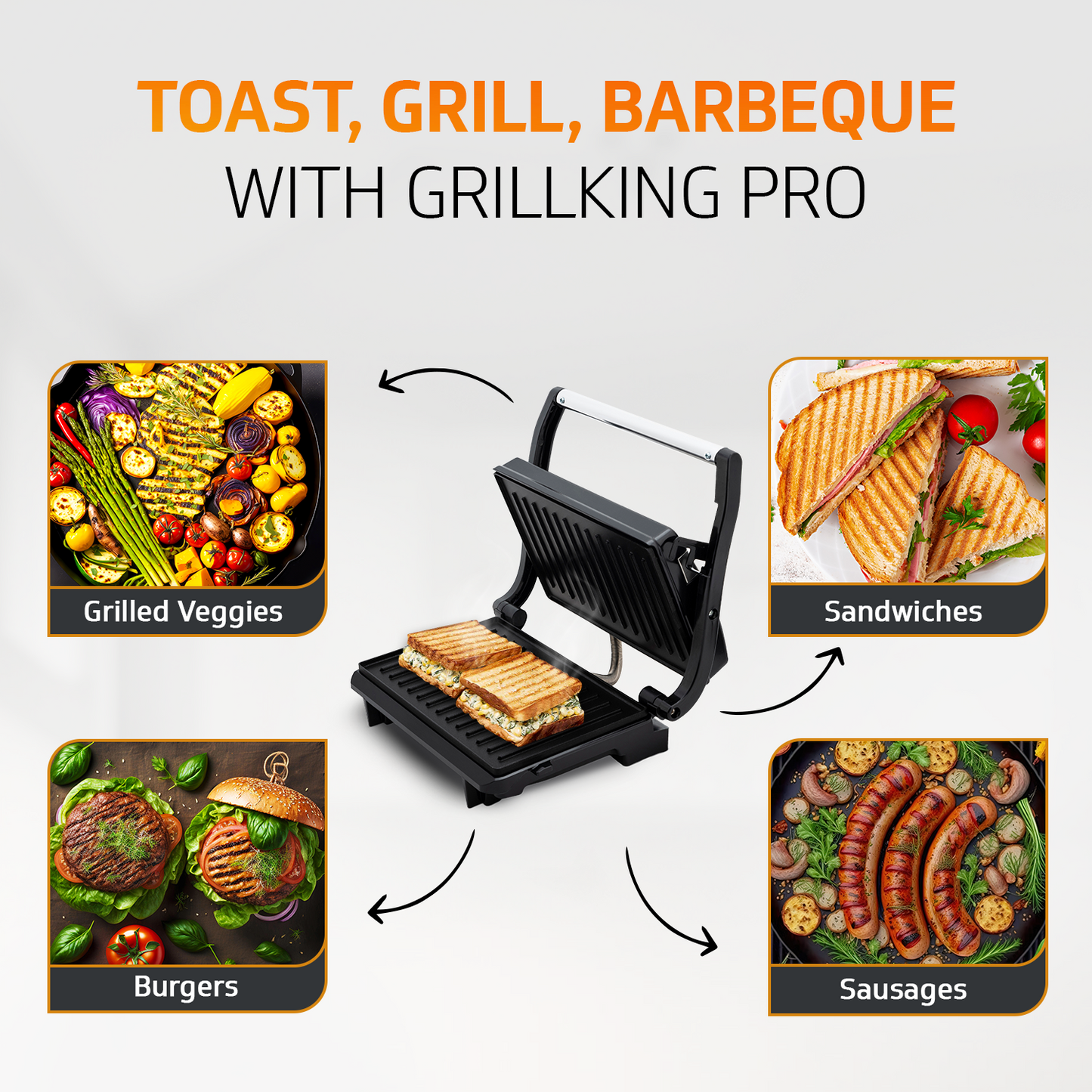 Grillking Pro 700 Watt Multipurpose Grill | BBQ and Panini/Sandwich Maker| Easy to Clean Dual Non-Stick Teflon Coating | Multifunctional Cooking with Floating Hinge | 1 Year Warranty