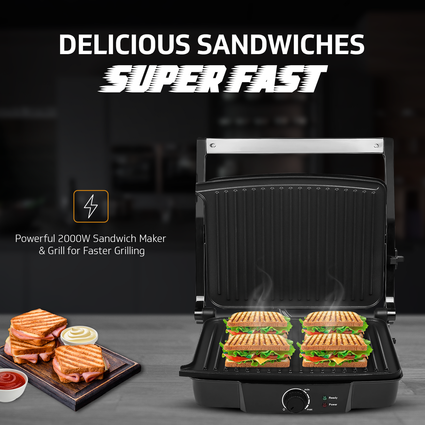 Grillking Supreme 4 Slice 2000 Watt Multipurpose Grill | BBQ and Sandwich Maker | Jumbo Capacity | Easy to Clean Non-Stick Teflon Coating | 180 Degree Flat Grill | 1 Year Warranty