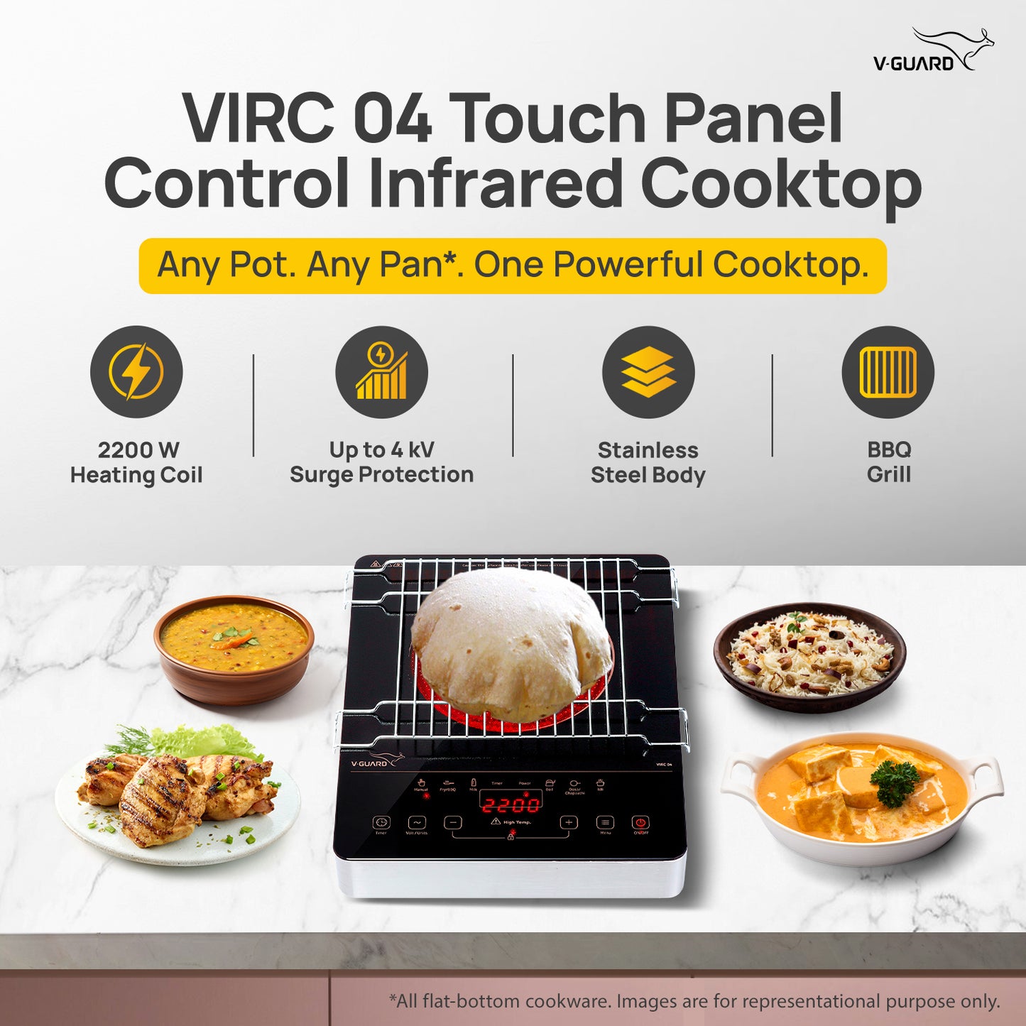 VIRC 04 2200 W Electric Infrared Cooktop | Compatible with All Utensils | Up to 4 kV Surge Protection | BBQ Grill | Touch Panel Control | Stainless Steel Body | Auto-Cut off with 11 Temperature Levels