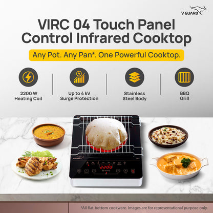 VIRC 04 2200 W Electric Infrared Cooktop | Compatible with All Utensils | Up to 4 kV Surge Protection | BBQ Grill | Touch Panel Control | Stainless Steel Body | Auto-Cut off with 11 Temperature Levels