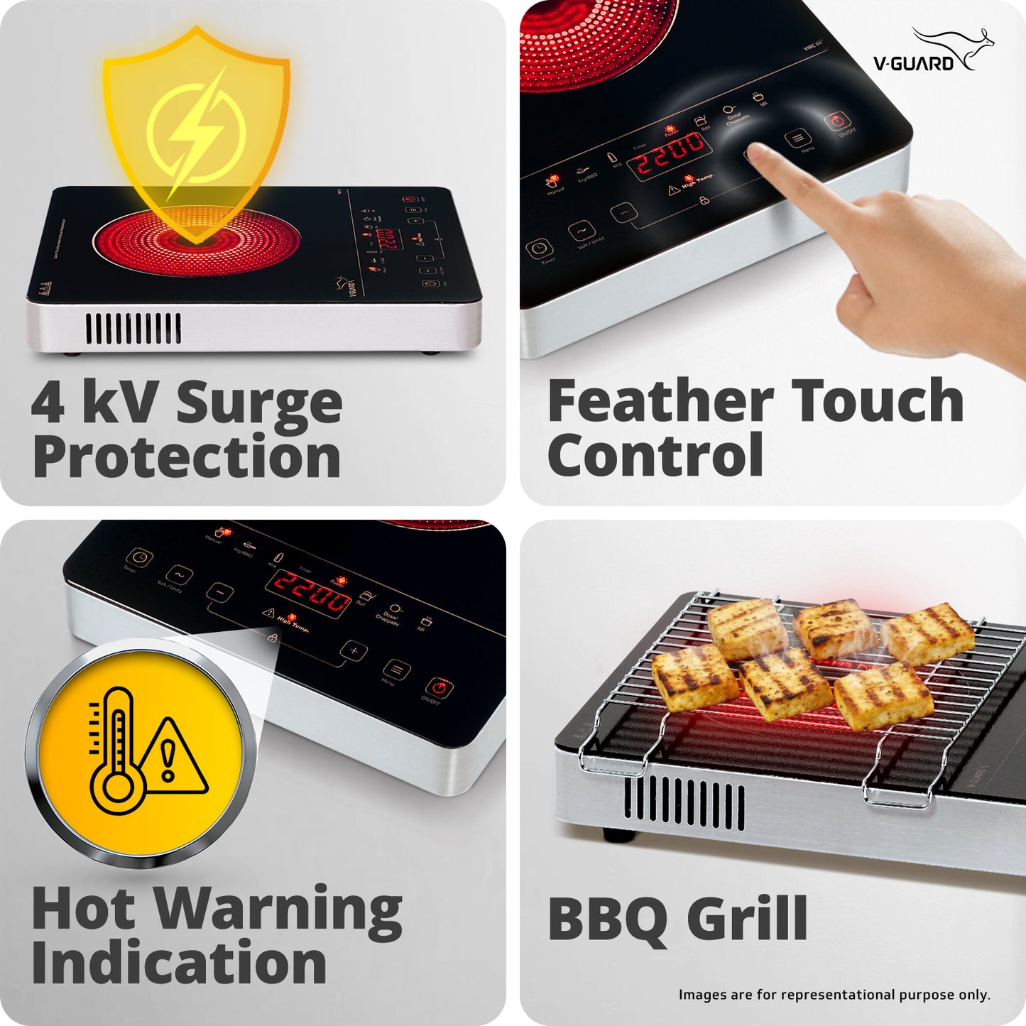 VIRC 04 2200 W Electric Infrared Cooktop | Compatible with All Utensils | Up to 4 kV Surge Protection | BBQ Grill | Touch Panel Control | Stainless Steel Body | Auto-Cut off with 11 Temperature Levels