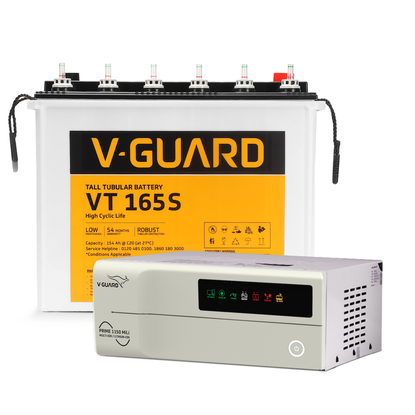 V-Guard Inverter & Battery Combo - Prime 1150 MiLi  Pure Sine Wave 1000VA/ 12V Inverter, VT 165S (154Ah Tall Tubular Battery) for Home, Office & Shops