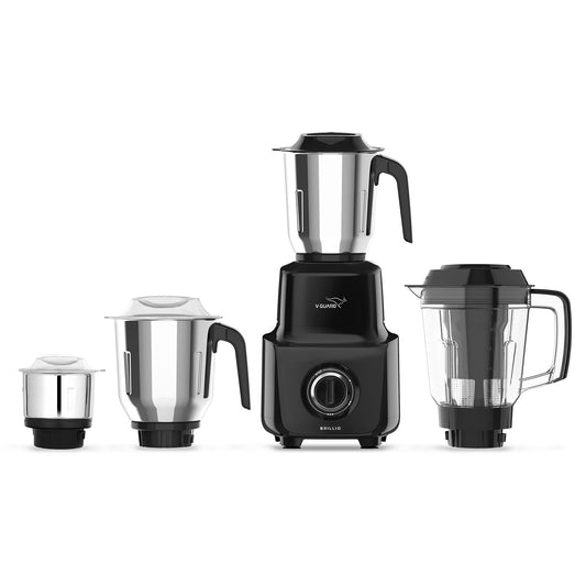 V-Guard Brillio 750 Watt Juicer Mixer Grinder|3 Year Motor Coverage by V-Guard | 4 Jars | Juicer, Wet, Chutney & Dry | Sturdy Juicer Jar With Quadraflow Design | Precision Blend SS Blades | Black