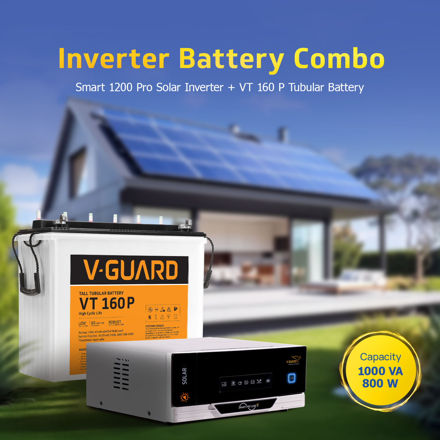 V-Guard Smart Inverter & Battery Combo (Smart Pro 1200 S Solar Inverter with VT 160 P (152Ah Tall Tubular Battery)) for Home, Office & Shops