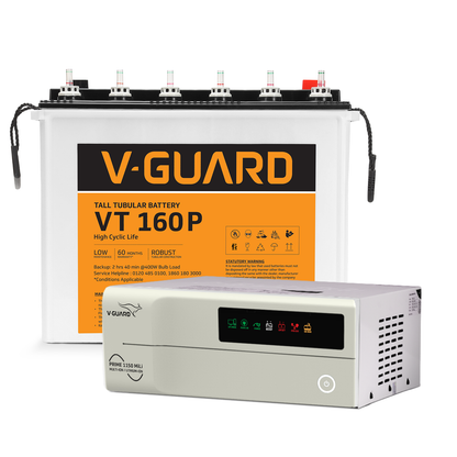 V-Guard Inverter & Battery Combo - Prime 1150 MiLi  Pure Sine Wave 1000VA/ 12V Inverter, VT 160 P (152Ah Tall Tubular Battery) for Home, Office & Shops