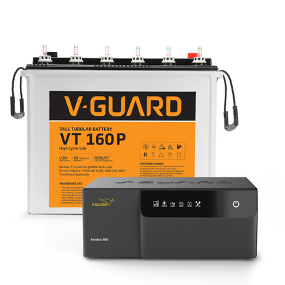 V-Guard Inverter & Battery Combo (Aviolux 800 Inverter with VT 160P (152 Ah Tall Tubular Battery)) for Home, Office & Shops
