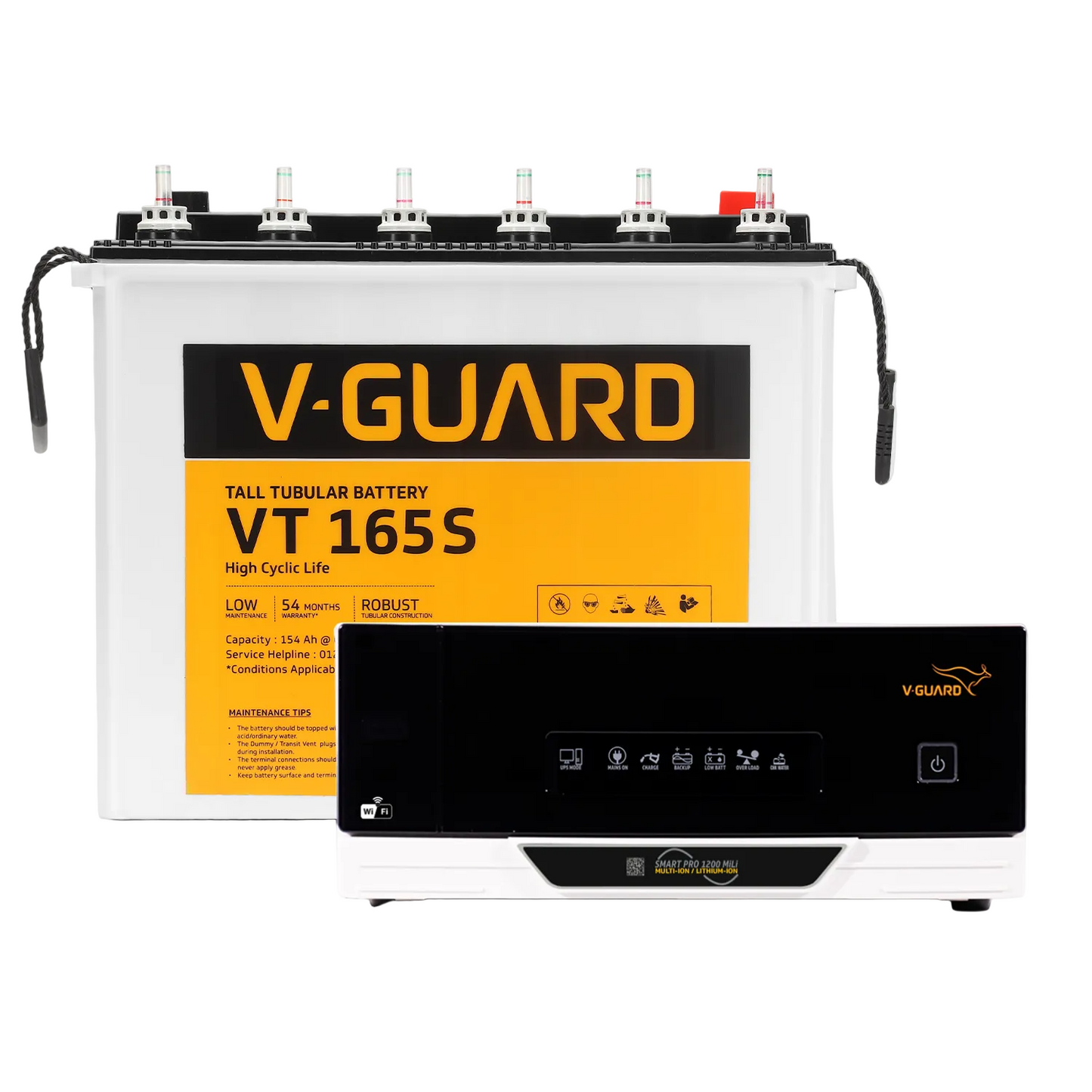 V-Guard Smart Inverter & Battery Combo (Smart Pro 1200 MiLi Digital Sine Inverter with VT 165S (154 Ah Tall Tubular Battery)) for Home, Office & Shops