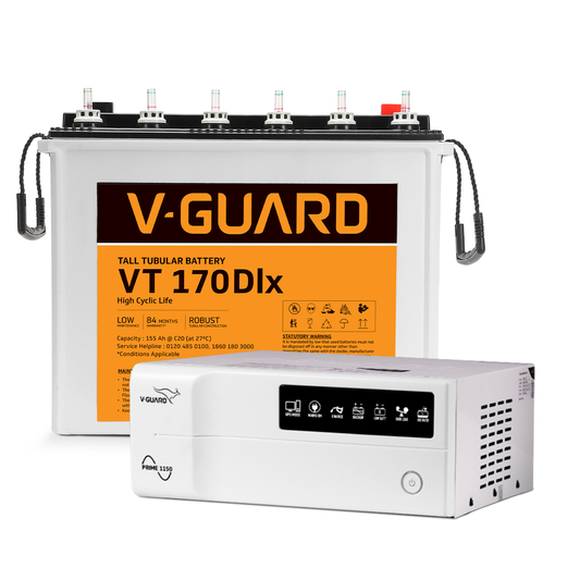 V-Guard Inverter & Battery Combo (1150 Pure Sine Wave 1000VA/12V Inverter, VT 170 DLX (155Ah Tall Tubular Battery) for Home, Office & Shops