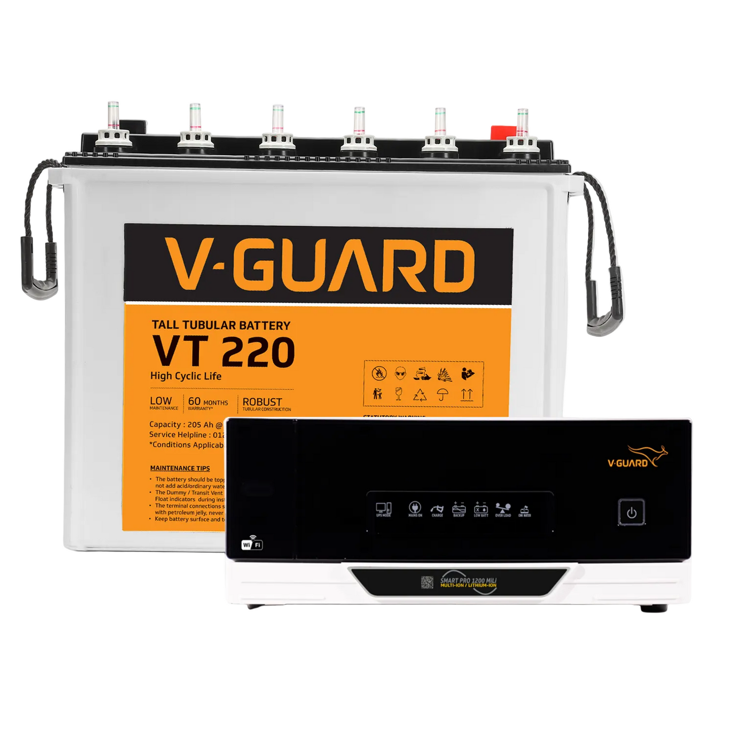 V-Guard Smart Inverter & Battery Combo (Smart Pro 1200 MiLi Digital Sine Inverter with VT 220 (205 Ah Tall Tubular Battery)) for Home, Office & Shops