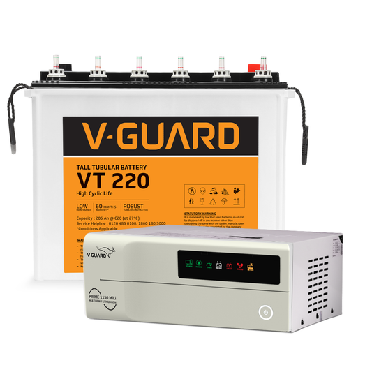 V-Guard Inverter & Battery Combo - Prime 1150 MiLi  Pure Sine Wave 1000VA/ 12V Inverter, VT 220 (205Ah Tall Tubular Battery) for Home, Office & Shops
