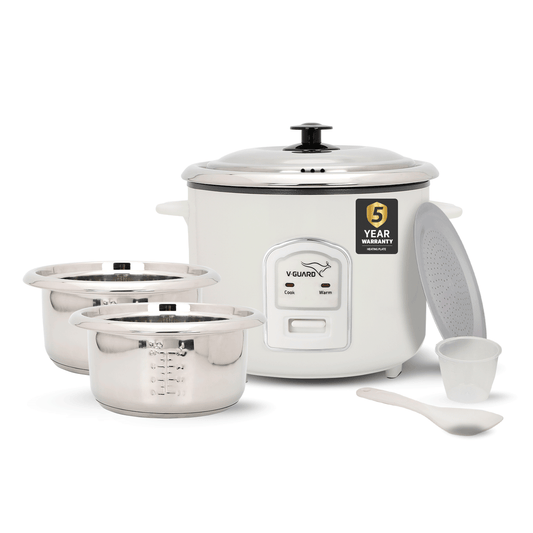V-Guard VRCS 1.8-Litre Electric Rice Cooker with 2 Stainless Steel Pots, Spatula, Rice Separator | 5-Yr Heating Plate & 2-Yr Product Coverage by V-Guard | 700 W Power with Cook & Automatic Keep Warm Dual Cooking Modes
