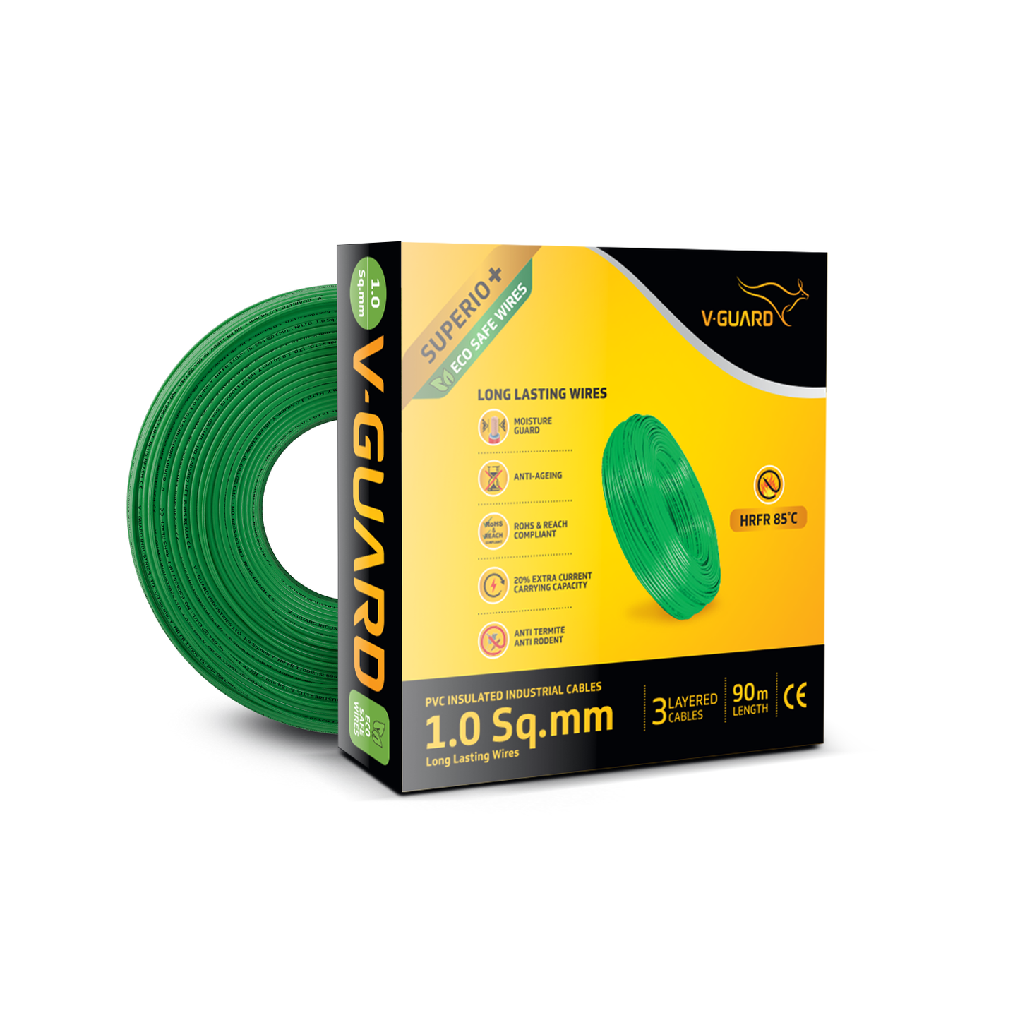 V-Guard Superio+ 1 sq mm Eco Safe Triple Layer HRFR PVC Wiring Cable, 90 m (Green)