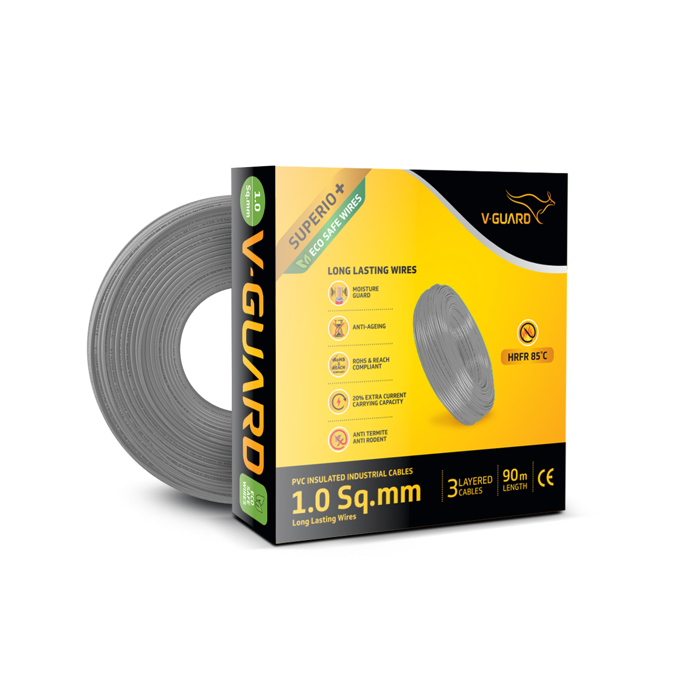 V-Guard Superio+ 1 sq mm Eco Safe Triple Layer HRFR PVC Wiring Cable, 90 m (Grey)