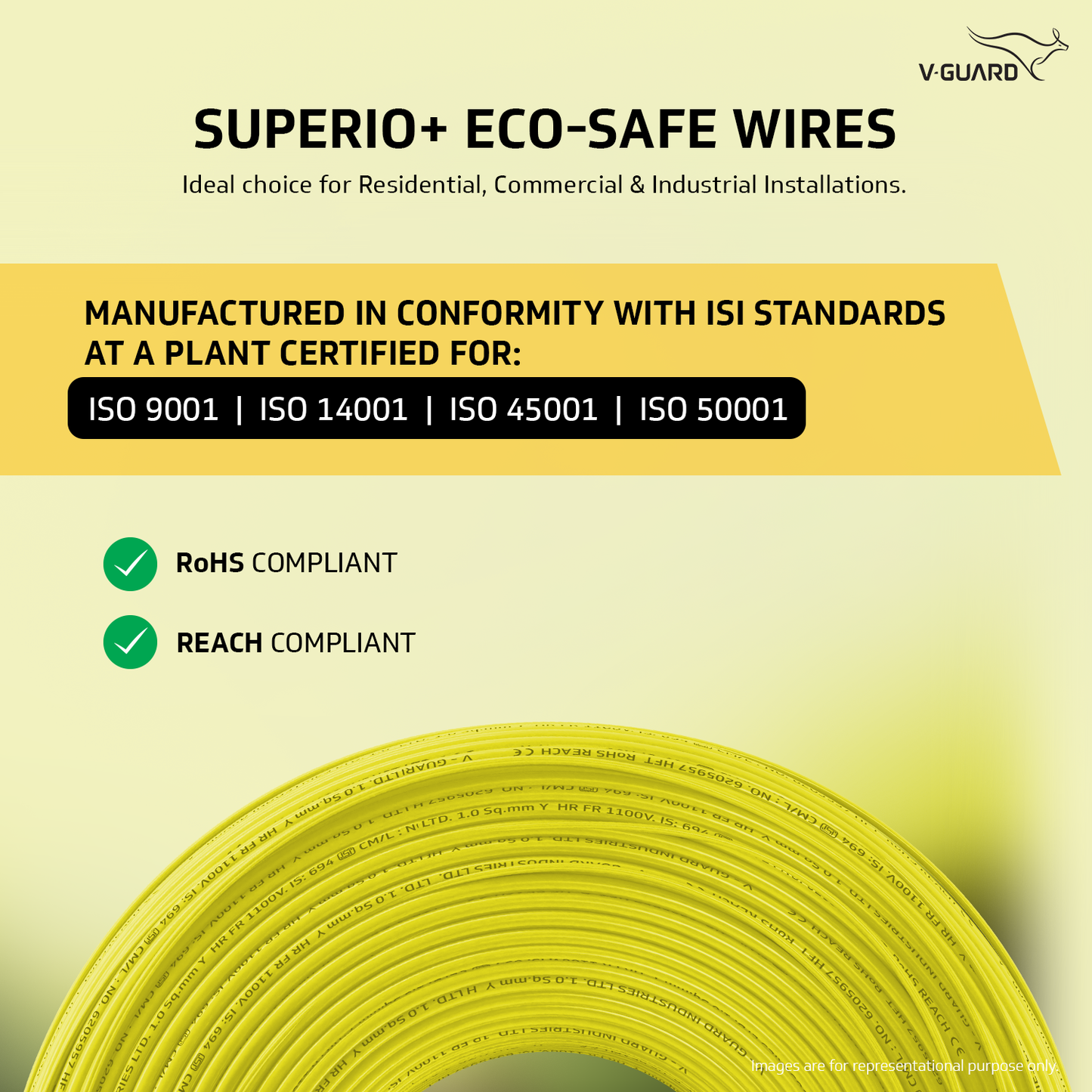 V-Guard Superio+ 1 sq mm Eco Safe Triple Layer HRFR PVC Wiring Cable, 90 m (Yellow)