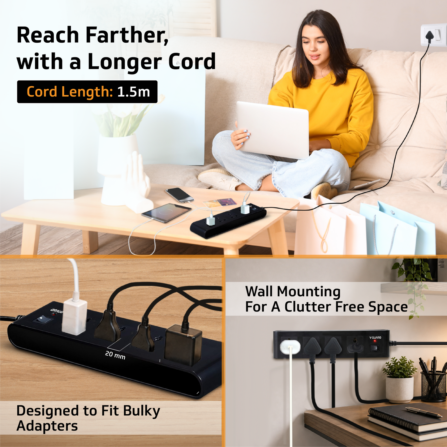 V-Guard Extension Board for Home & Office | 4+1 Power Strip with (MOV+Fuse) | 4 Universal Sockets | 1 Year Warranty | 1.5m Cord | 6A 1500VA Load | Fuse Protection | Wall Mountable | Master Switch