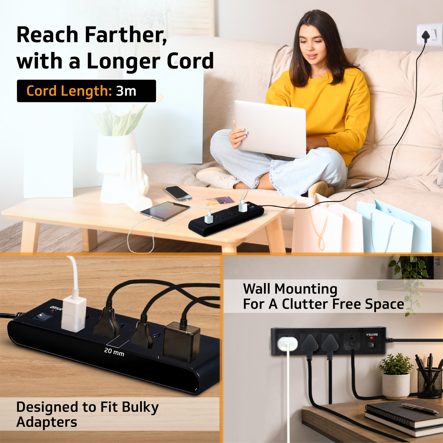 V-Guard Extension Board for Home & Office | 4+1 Power Strip with (MOV+Fuse) | 4 Universal Sockets | 1 Year Warranty | 3m Cord | 6A 1500VA Load | Fuse Protection | Wall Mountable | Master Switch