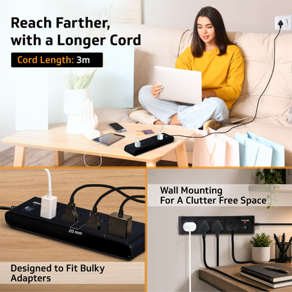 V-Guard Extension Board for Home & Office | 4+1 Power Strip with (MOV+Fuse) | 4 Universal Sockets | 1 Year Warranty | 3m Cord | 6A 1500VA Load | Fuse Protection | Wall Mountable | Master Switch