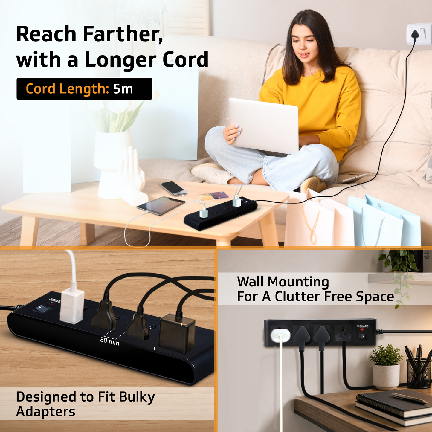 V-Guard Extension Board for Home & Office | 4+1 Power Strip with (MOV+Fuse) | 4 Universal Sockets | 1 Year Warranty | 5m Cord | 6A 1500VA Load | Fuse Protection | Wall Mountable | Master Switch