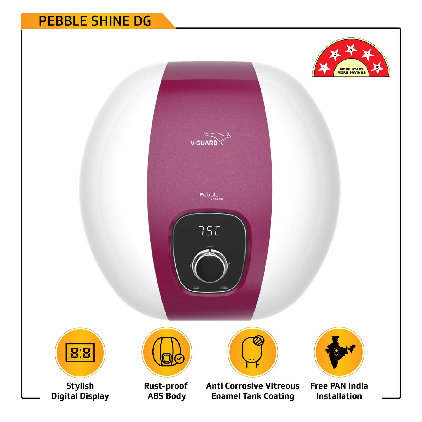 V-Guard Pebble Shine DG 25 Litre Water Heater Geyser with Digital Display | BEE 5 Star Rating | Free PAN India Installation & Connection Pipes