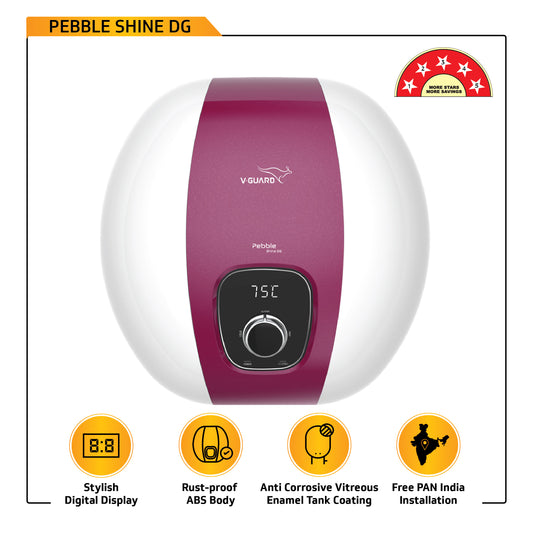 V-Guard Pebble Shine DG 25 Litre Water Heater Geyser with Digital Display | BEE 5 Star Rating | Free PAN India Installation & Connection Pipes