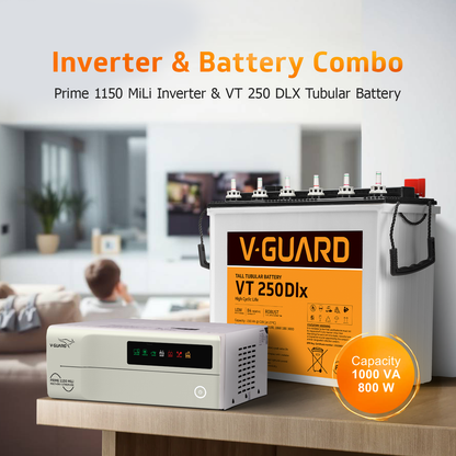 V-Guard Inverter & Battery Combo - Prime 1150 MiLi  Pure Sine Wave 1000VA/ 12V Inverter, VT 250DLX (230Ah Tall Tubular Battery) for Home, Office & Shops