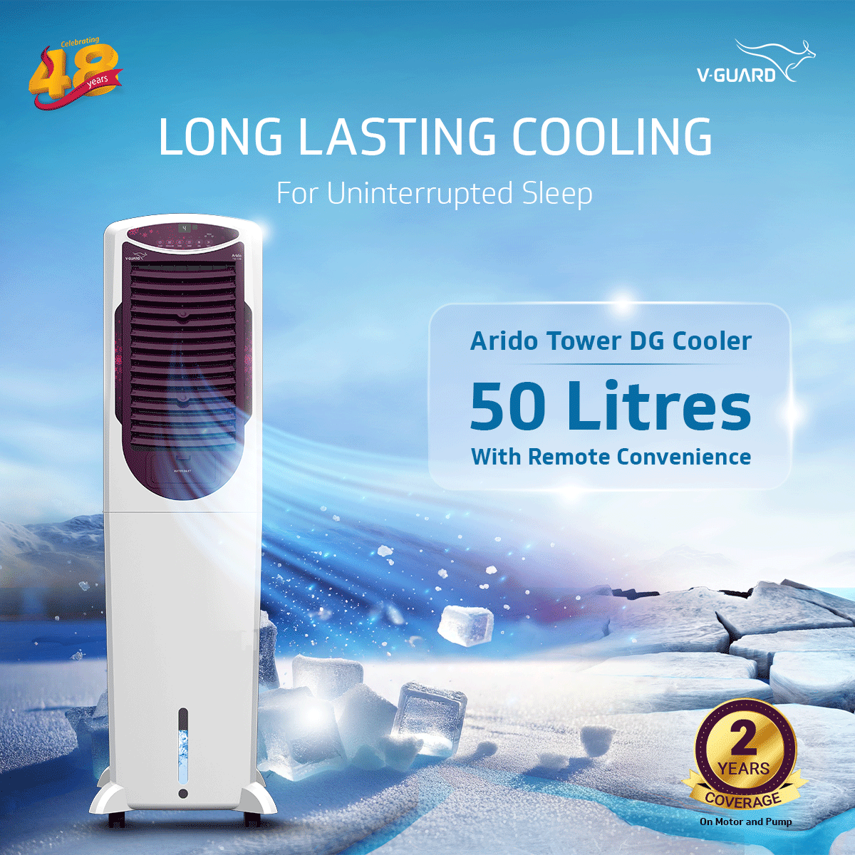 Arido T50 H DG Air Cooler for Home | Remote Comfort |50 Litre | 2 Year Warranty on Motor & Pump | White & Purple Burry