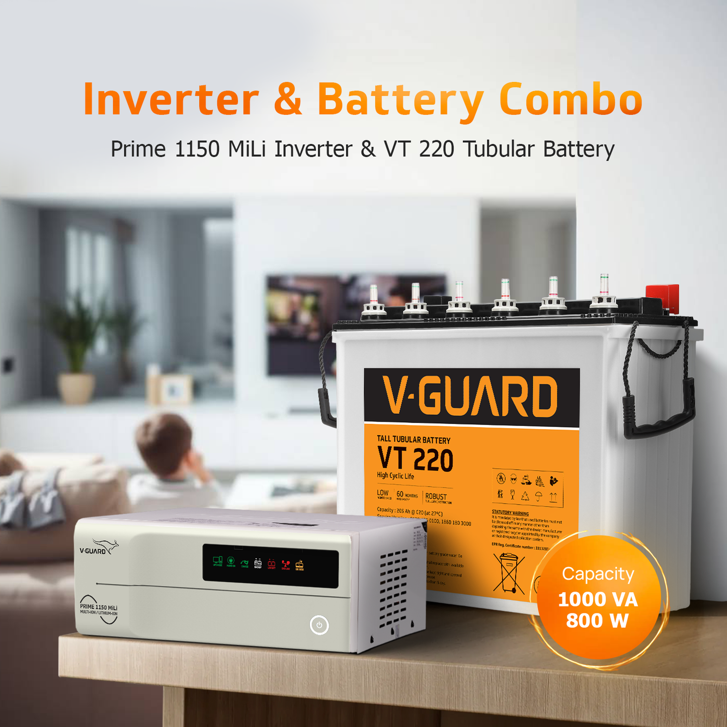 V-Guard Inverter & Battery Combo - Prime 1150 MiLi  Pure Sine Wave 1000VA/ 12V Inverter, VT 220 (205Ah Tall Tubular Battery) for Home, Office & Shops