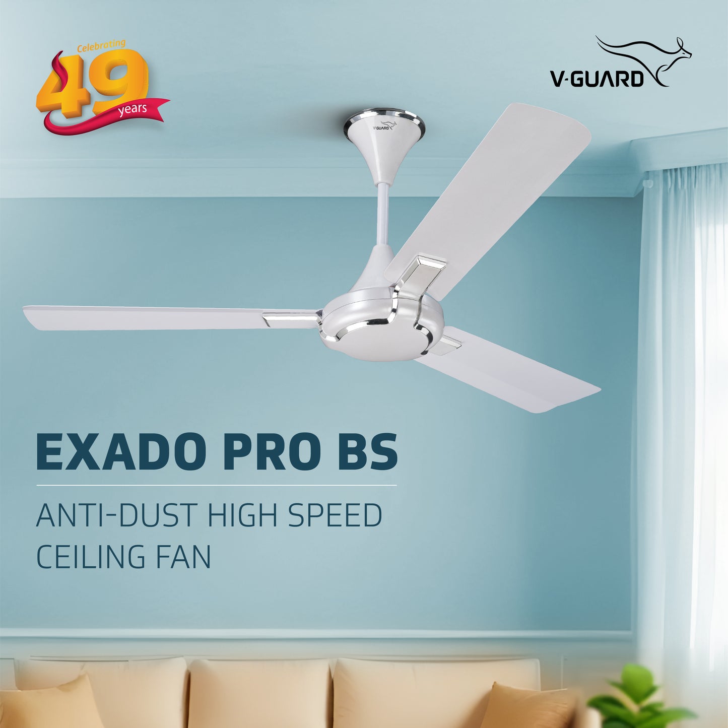 Exado Pro BS Anti Dust High Speed Ceiling Fan for Home 1.2 m, Pearl White Silver