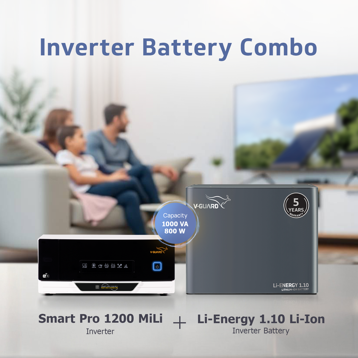 V-Guard Inverter & Battery Combo - Smart Pro 1200 MiLi Pure Sine Wave 1000VA/ 12V Inverter, Li-Energy 1.10 100 Ah Li-Ion Battery for Home, Office & Shops