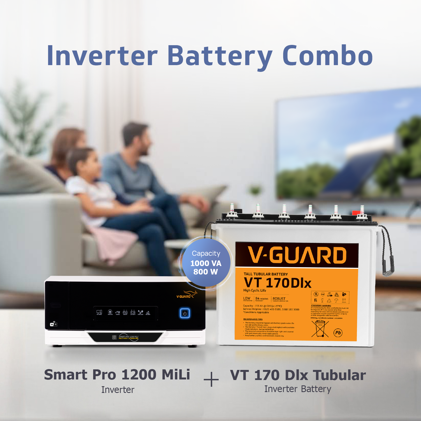 V-Guard Smart Inverter & Battery Combo (Smart Pro 1200 MiLi Digital Sine Inverter with VT 170 Dlx (155 Ah Tall Tubular Battery)) for Home, Office & Shops