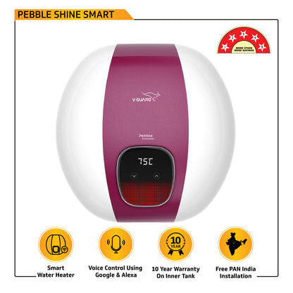 V-Guard Pebble Shine Smart Geyser 25 Litre Water Heater with Wi-Fi Connectivity | Voice Control Using Google and Alexa | BEE 5 Star Rating | Free PAN India Installation & Connection Pipes